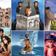 Kolaż filmowy: Jumanji, Kevin sam w domu, Shrek, Epoka Lodowcowa, Kot w butach. Zastanawiasz się, jak długo filmy są w kinach?