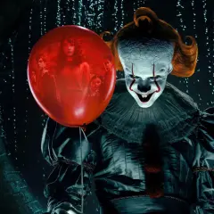 Przerażający klaun Pennywise trzyma czerwony balon, w którym widać grupę dzieci. To jeden z najlepiej ocenianych horrorów.