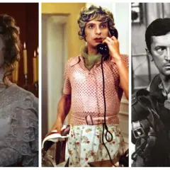 Kolaż scen z polskich filmów z lat 50, 60, 70. Kobieta w sukni, mężczyzna w różowym swetrze i spódnicy, mężczyzna w stroju lotnika.