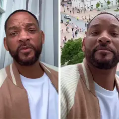 Will Smith, znany z imponującego wzrostu, w beżowej kurtce. Na drugim zdjęciu widać tłum ludzi na placu.