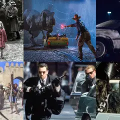 Kolaż scen z filmów: Schindler's List, Jurassic Park, Powrót do przyszłości, Pasja, Gorączka, Gwiezdne wojny. Filmy, które trzeba obejrzeć.