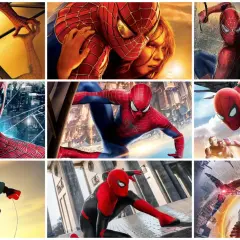 Kolaż przedstawia różne wersje Spider-Mana, pokazując, ile jest części tej historii. Widzimy różne kostiumy i bohaterów.
