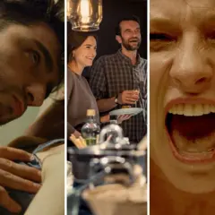 Kolaż scen z filmów: kobieta w okularach, zbliżenie na twarz mężczyzny, para na imprezie, krzyk kobiety, mężczyzna na zewnątrz. Ranking polskich filmów.