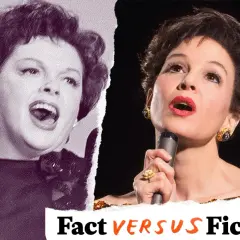 Dwie sceny z życia Judy Garland: młoda artystka śpiewająca na czarno-białym zdjęciu i Renée Zellweger jako Judy w filmie.