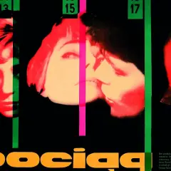 Plakat filmowy "Pociąg" Jerzego Kawalerowicza, ikona polskiej szkoły filmowej. Intensywne kolory i portrety tworzą atmosferę napięcia.