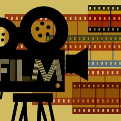 Stylizowana kamera filmowa z napisem "FILM" i taśmami filmowymi w tle. To wizualizacja ekranizacji i adaptacji.