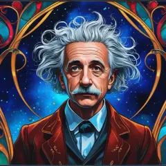 Albert Einstein w otoczeniu kosmicznych wzorów, przypominający, że zło nie istnieje, a jedynie brak wiedzy.