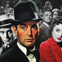 Mężczyzna w kapeluszu i kobieta w czerwonej sukience, otoczeni przez tłum. Zapowiada się naprawdę dobre filmy.