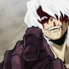 Tomura Shigaraki z My Hero Academia, z krwawymi śladami na twarzy, wskazuje palcem. Ile sezonów ma My Hero Academia?