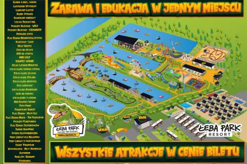 Mapa Łeba Parku z atrakcjami, gdzie jest kino 5D? Szukaj wśród zjeżdżalni i dinozaurów!