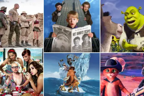 Kolaż filmowy: Jumanji, Kevin sam w domu, Shrek, Epoka Lodowcowa, Kot w butach. Zastanawiasz się, jak długo filmy są w kinach?