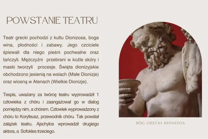 Ajschylos wprowadził drugiego aktora, a Sofokles trzeciego, rozwijając teatr grecki. Rzeźba Dionizosa.