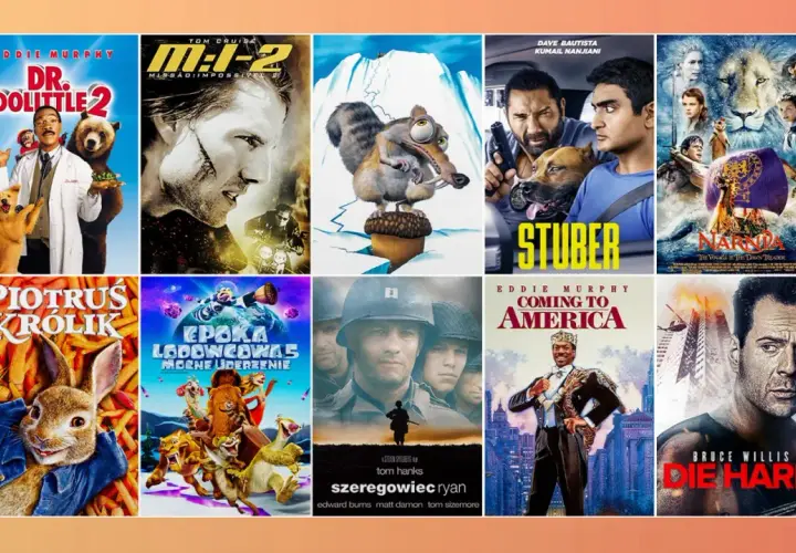 Kolekcja plakatów filmowych: Dr. Dolittle 2, Mission: Impossible 2, Piotruś Królik, Epoka Lodowcowa, Stuber, Narnia, Szeregowiec Ryan, Coming to America, Die Hard. Wiele z nich to filmy akcji ostatnich lat.