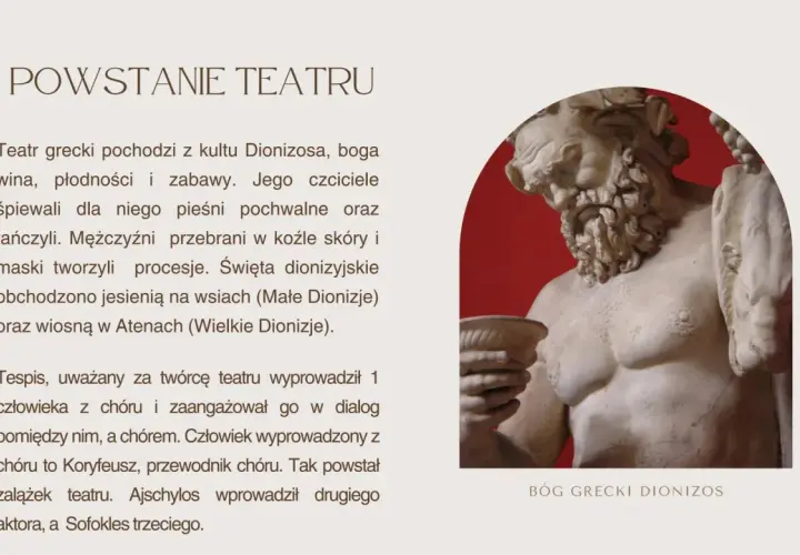 Ajschylos wprowadził drugiego aktora, a Sofokles trzeciego, rozwijając teatr grecki. Rzeźba Dionizosa.
