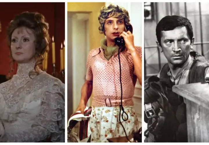 Kolaż scen z polskich filmów z lat 50, 60, 70. Kobieta w sukni, mężczyzna w różowym swetrze i spódnicy, mężczyzna w stroju lotnika.