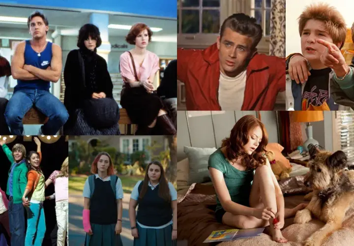 Kolaż scen z filmów, w tym z "The Breakfast Club", "Buntownika bez powodu" i "La La Land", prezentujący ikony kina, które mogłyby znaleźć się w rankingu 100 najlepszych filmów.