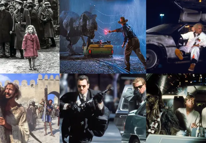 Kolaż scen z filmów: Schindler's List, Jurassic Park, Powrót do przyszłości, Pasja, Gorączka, Gwiezdne wojny. Filmy, które trzeba obejrzeć.