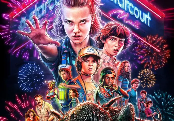 Postery Stranger Things z bohaterami i fajerwerkami. Serial zarobił miliony, a jego popularność wciąż rośnie.