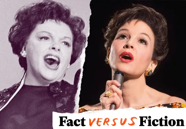 Dwie sceny z życia Judy Garland: młoda artystka śpiewająca na czarno-białym zdjęciu i Renée Zellweger jako Judy w filmie.