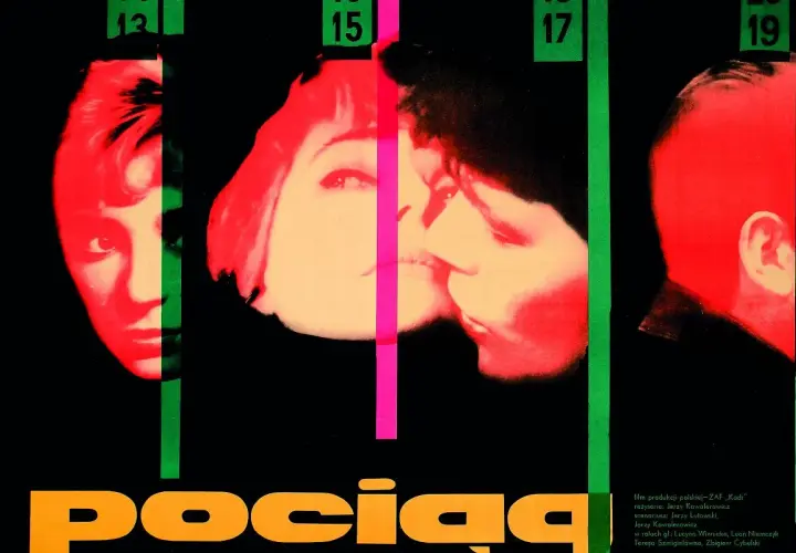 Plakat filmowy "Pociąg" Jerzego Kawalerowicza, ikona polskiej szkoły filmowej. Intensywne kolory i portrety tworzą atmosferę napięcia.
