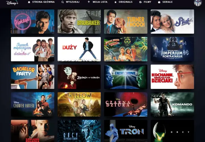 Stare dobre filmy na Disney+: "Koktajl", "Brubaker", "Trzech mężczyzn i dziecko", "Duży", "Turner i Hooch", "Plush", "Bachelor Party", "Zaklęta w sokoła", "Obcy", "Imperium kontratakuje", "Czarna dziura", "Komando", "Willow", "Człowiek rakieta", "Enemy...