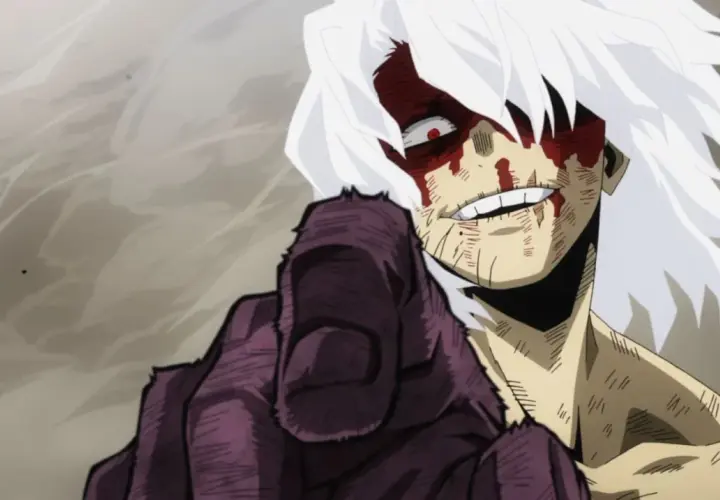 Tomura Shigaraki z My Hero Academia, z krwawymi śladami na twarzy, wskazuje palcem. Ile sezonów ma My Hero Academia?
