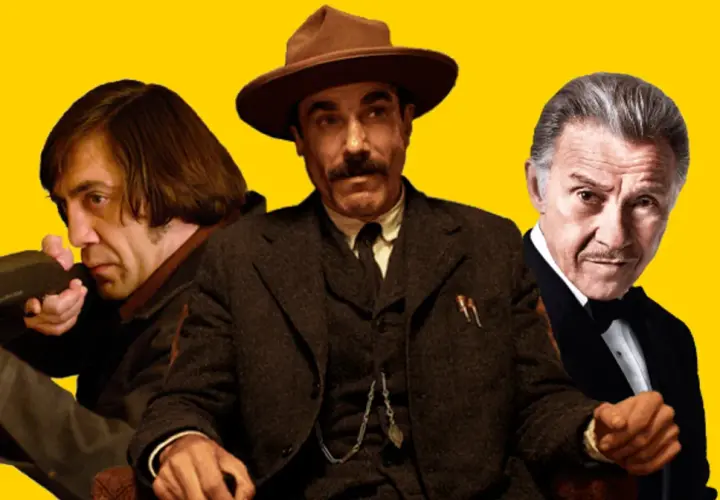 Trzech mężczyzn z filmów: Javier Bardem z karabinem, Daniel Day-Lewis w kapeluszu i Al Pacino w smokingu. Film warty obejrzenia!