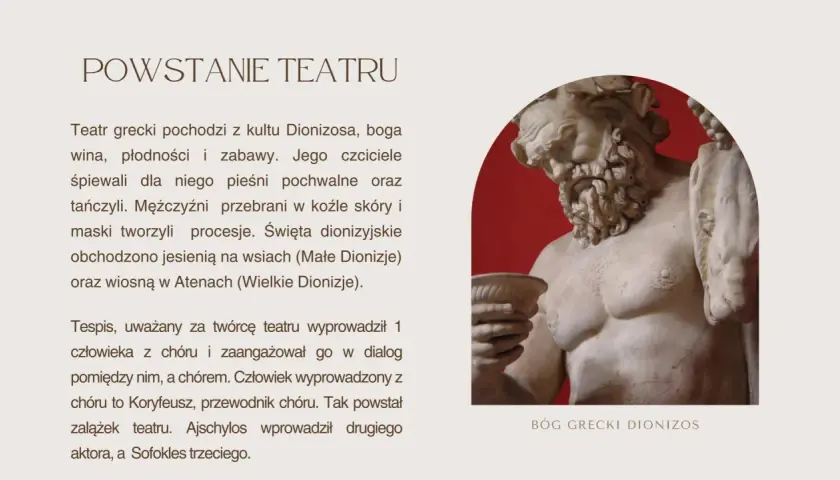 Ajschylos wprowadził drugiego aktora, a Sofokles trzeciego, rozwijając teatr grecki. Rzeźba Dionizosa.
