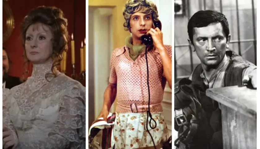 Kolaż scen z polskich filmów z lat 50, 60, 70. Kobieta w sukni, mężczyzna w różowym swetrze i spódnicy, mężczyzna w stroju lotnika.