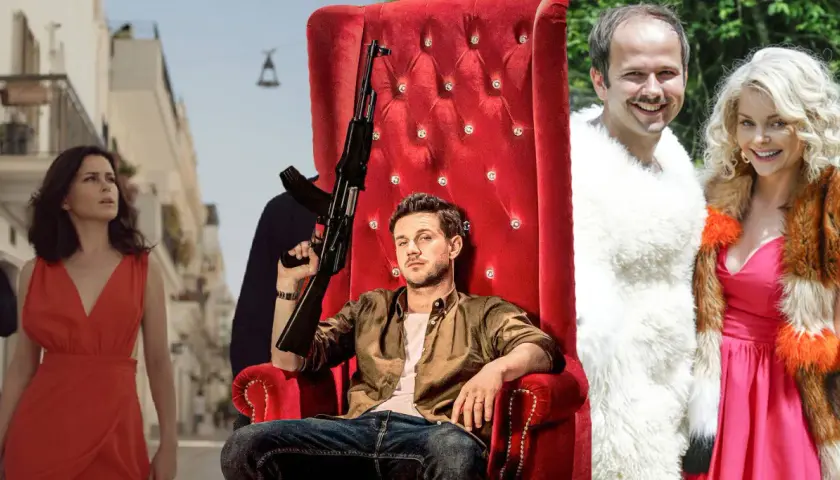 Kobieta w czerwonej sukience, mężczyzna z karabinem na tronie i para w futrach – kolaż scen ze słynnych polskich filmów.