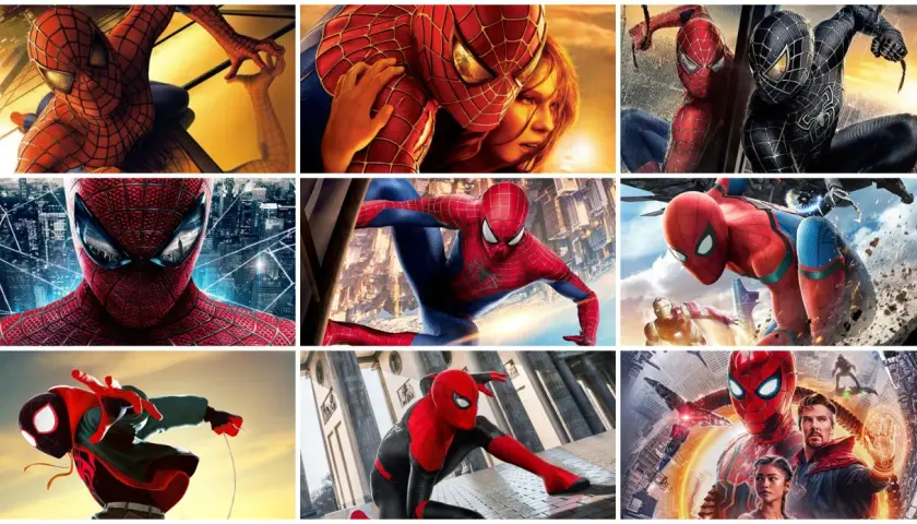 Kolaż przedstawia różne wersje Spider-Mana, pokazując, ile jest części tej historii. Widzimy różne kostiumy i bohaterów.