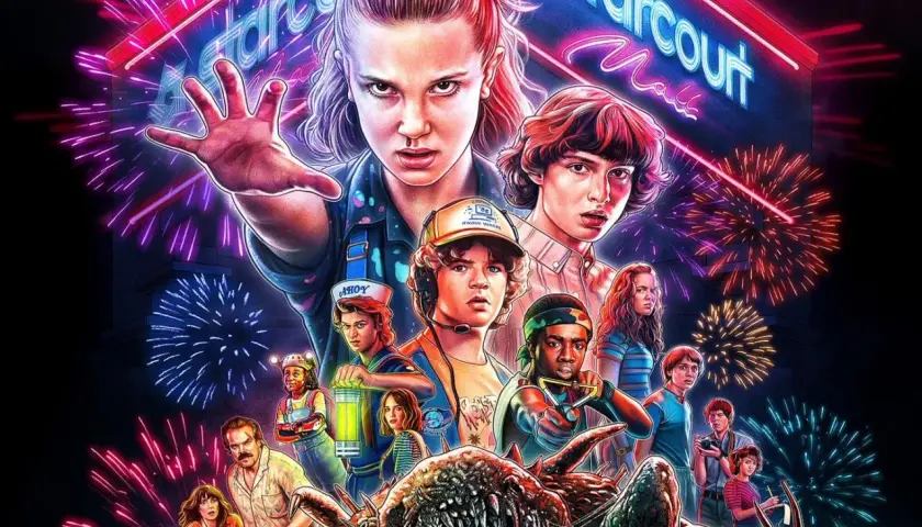 Postery Stranger Things z bohaterami i fajerwerkami. Serial zarobił miliony, a jego popularność wciąż rośnie.