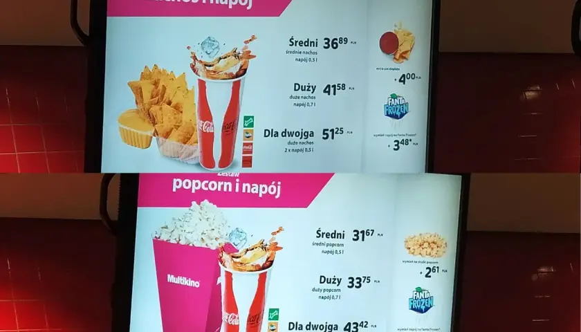 Zestaw średni popcorn i cola w Multikinie kosztuje 31,67 zł. Duży zestaw to 33,75 zł, a dla dwojga 43,42 zł.