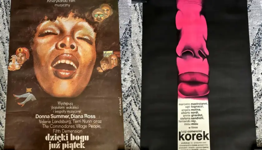 Dwa plakaty filmowe: z lewej "Dzieci bogu już piątek" z Donna Summer, z prawej "Korek" z Marcello Mastroianni. Oba filmy od 21 lat.