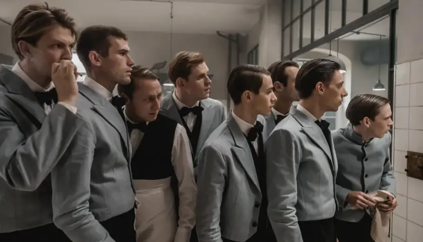 Grupa młodych mężczyzn w jasnych garniturach i muszkach, jakby przygotowujących się do premiery filmu. Filip film recenzja.