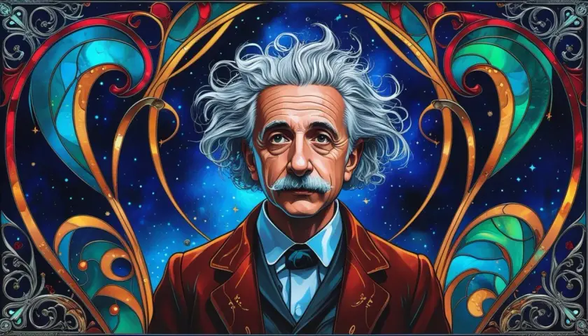 Albert Einstein w otoczeniu kosmicznych wzorów, przypominający, że zło nie istnieje, a jedynie brak wiedzy.