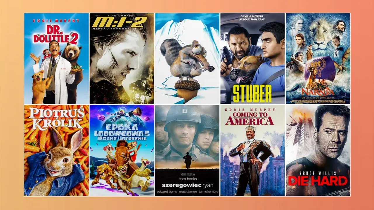 Kolekcja plakatów filmowych: Dr. Dolittle 2, Mission: Impossible 2, Piotruś Królik, Epoka Lodowcowa, Stuber, Narnia, Szeregowiec Ryan, Coming to America, Die Hard. Wiele z nich to filmy akcji ostatnich lat.