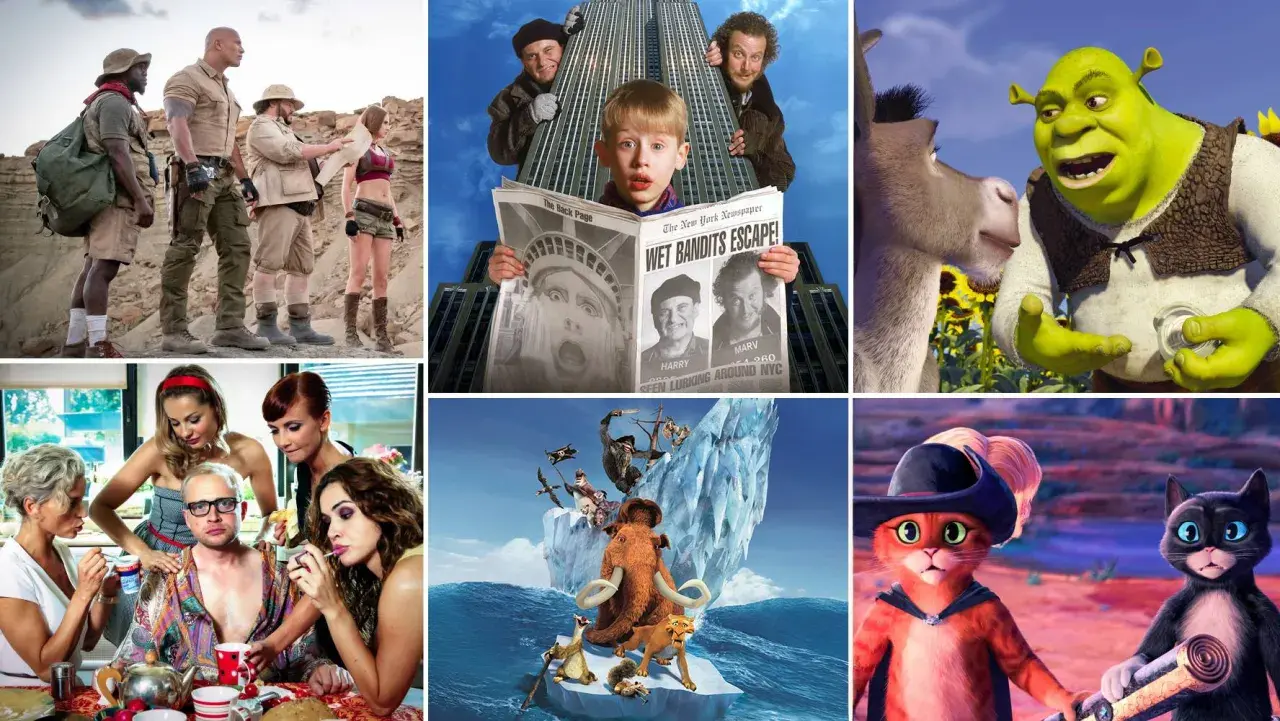 Kolaż filmowy: Jumanji, Kevin sam w domu, Shrek, Epoka Lodowcowa, Kot w butach. Zastanawiasz się, jak długo filmy są w kinach?