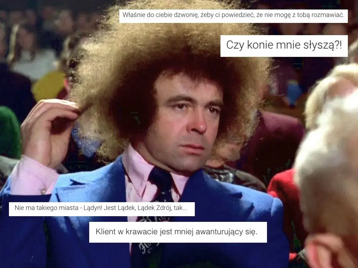 Mężczyzna w niebieskim garniturze i z burzą blond włosów, z dymkami z cytatami z polskich filmów.