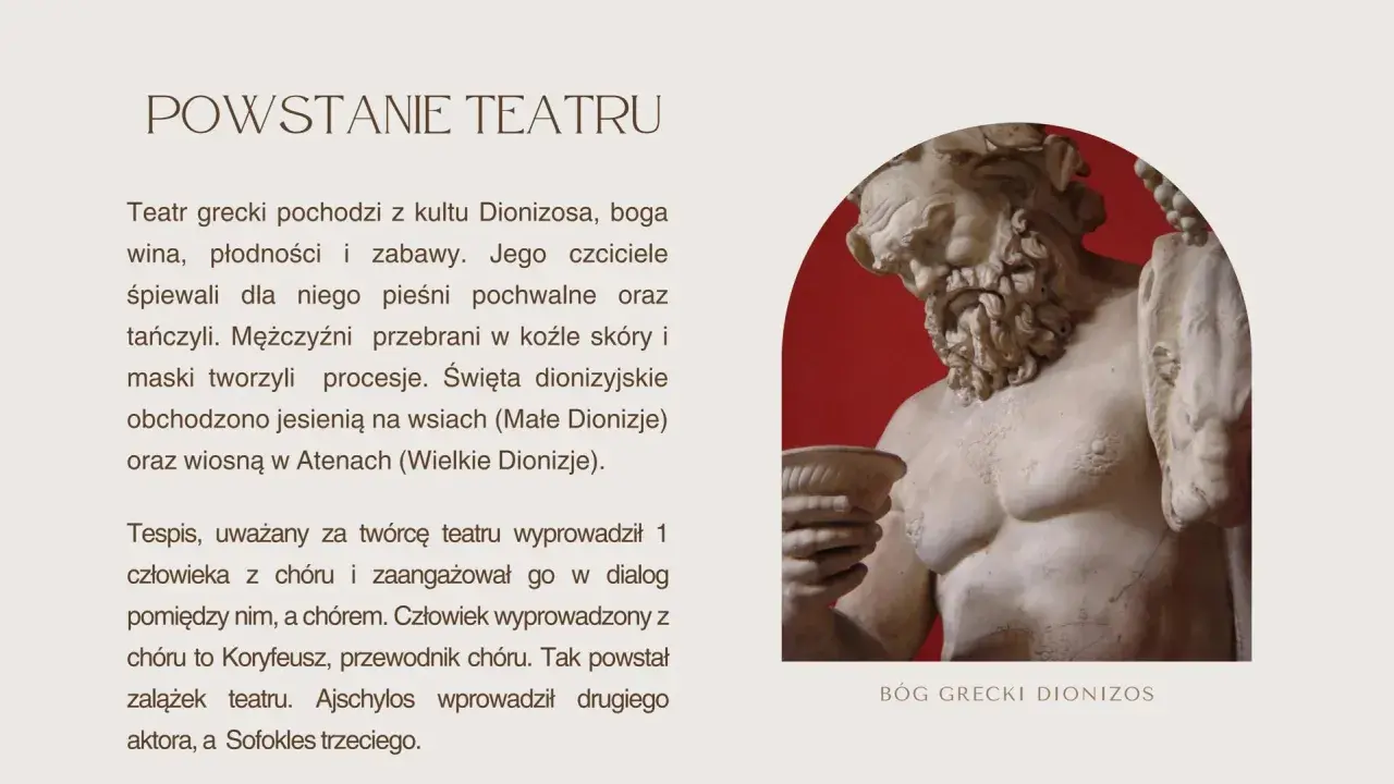 Ajschylos wprowadził drugiego aktora, a Sofokles trzeciego, rozwijając teatr grecki. Rzeźba Dionizosa.