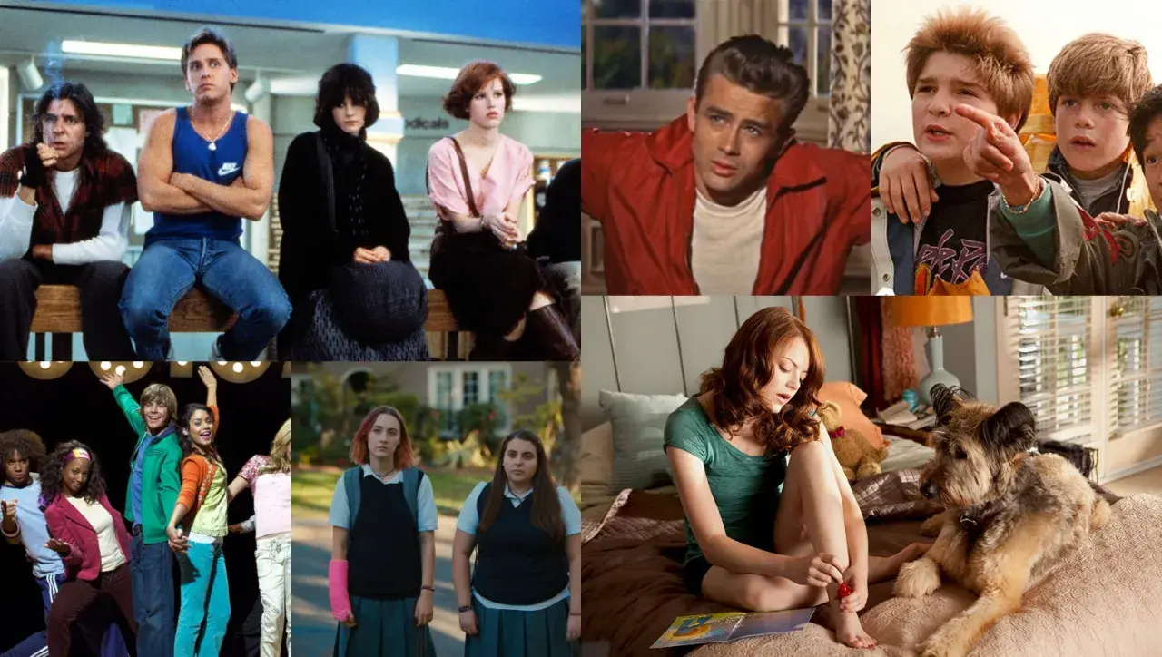 Kolaż scen z filmów, w tym z "The Breakfast Club", "Buntownika bez powodu" i "La La Land", prezentujący ikony kina, które mogłyby znaleźć się w rankingu 100 najlepszych filmów.