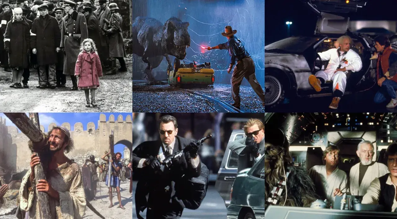 Kolaż scen z filmów: Schindler's List, Jurassic Park, Powrót do przyszłości, Pasja, Gorączka, Gwiezdne wojny. Filmy, które trzeba obejrzeć.