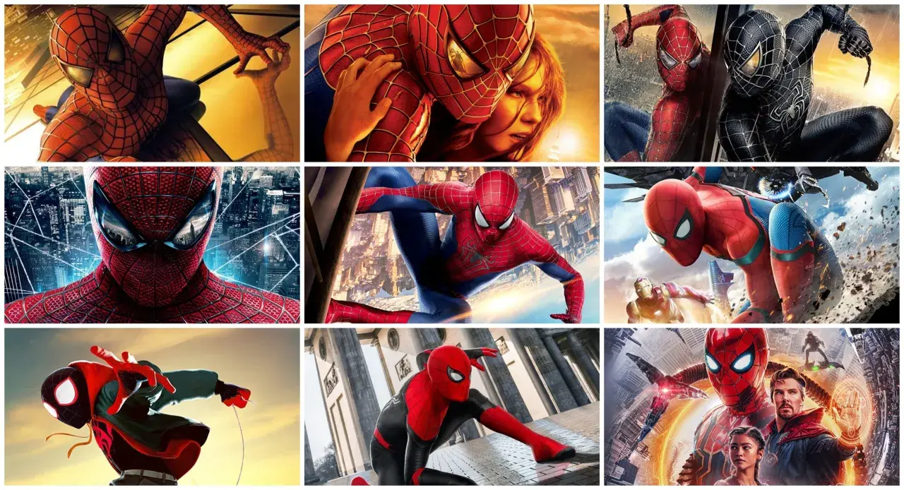 Kolaż przedstawia różne wersje Spider-Mana, pokazując, ile jest części tej historii. Widzimy różne kostiumy i bohaterów.