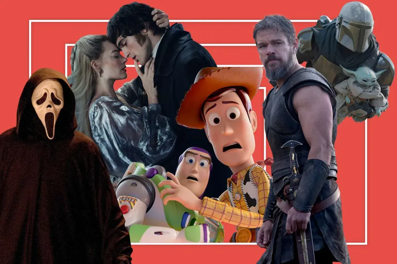 Postacie z filmów: Duch, para zakochanych, Woody i Buzz Astral, Mandalorianin z Grogu, mężczyzna w zbroi.