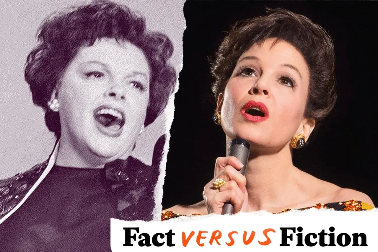 Dwie sceny z życia Judy Garland: młoda artystka śpiewająca na czarno-białym zdjęciu i Renée Zellweger jako Judy w filmie.