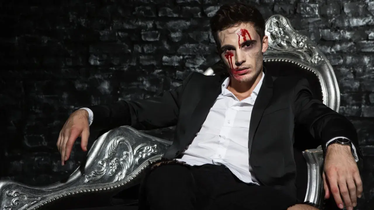 Mężczyzna w garniturze, z krwią na twarzy, siedzi na ozdobnym tronie. Czy Patrick Bateman naprawdę zabijał?