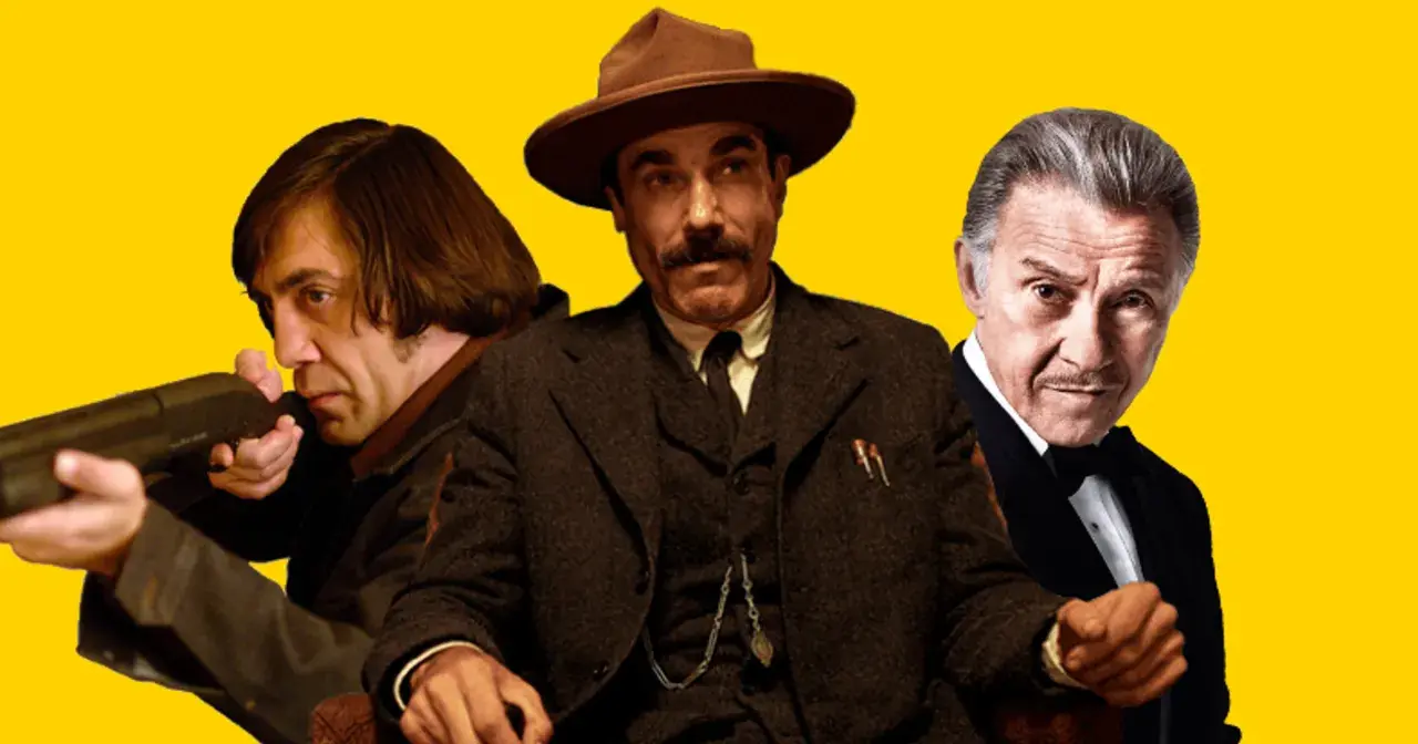 Trzech mężczyzn z filmów: Javier Bardem z karabinem, Daniel Day-Lewis w kapeluszu i Al Pacino w smokingu. Film warty obejrzenia!