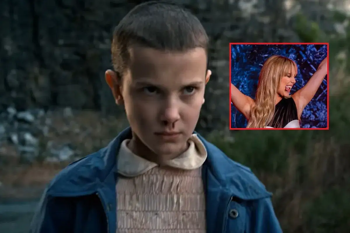 Eleven w 3 sezonie ma 14 lat. Na zdjęciu widzimy ją w dwóch odsłonach: jako młodą dziewczynę z serialu i jako starszą Millie Bobby Brown.