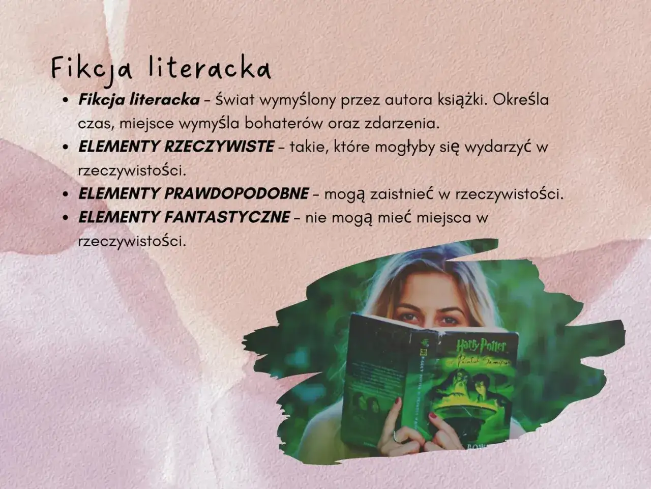 Fikcja literacka: świat wyobrażony przez autora. Dziewczyna czyta 