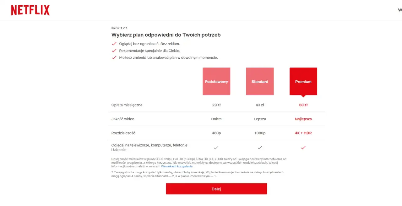 Porównanie planów Netflix: Podstawowy (29 zł), Standard (43 zł), Premium (60 zł). Sprawdź, ile kosztuje Netflix i wybierz najlepszą opcję dla siebie.